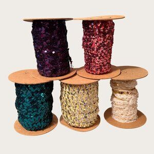 Lot of 5 Sequined Ribbon Spools For Crafts and Sewing Multi Colors